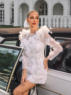 3D Floral Rosette Lace Long Sleeve Bodycon Mini Dress