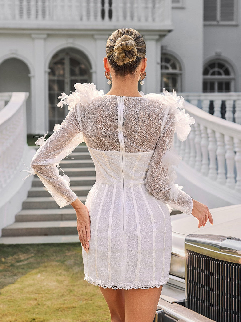 3D Floral Rosette Lace Long Sleeve Bodycon Mini Dress