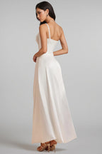 Camo One Shoulder Pearl Satin Maxi Dress