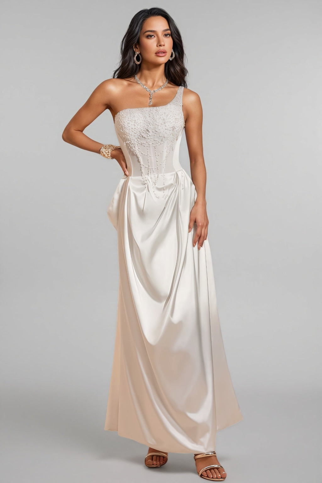 Camo One Shoulder Pearl Satin Maxi Dress