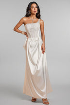 Camo One Shoulder Pearl Satin Maxi Dress