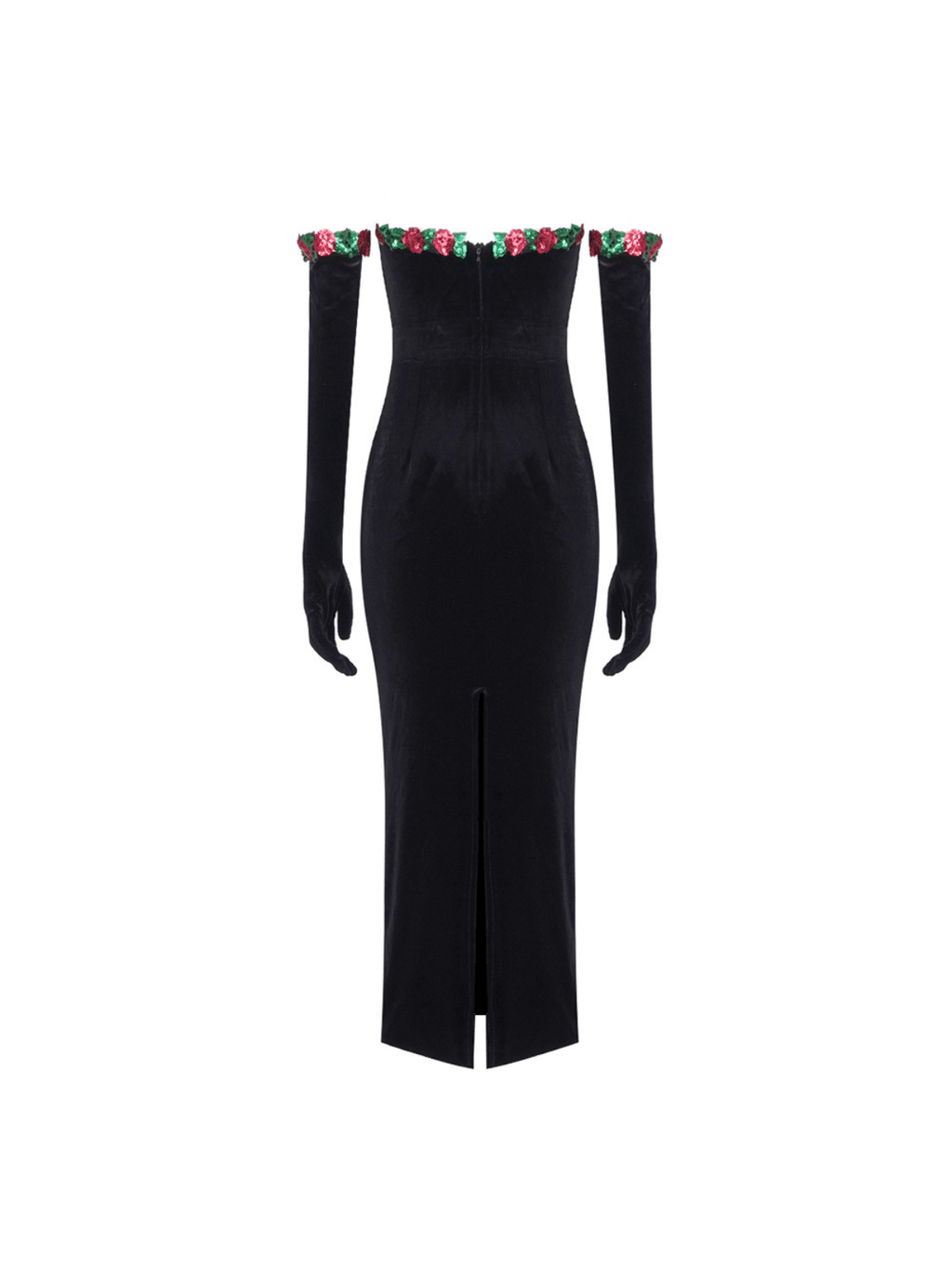 Strapless Floral Appliqué Velvet Maxi Dress With Matching Opera Gloves