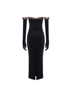 Strapless Floral Appliqué Velvet Maxi Dress With Matching Opera Gloves