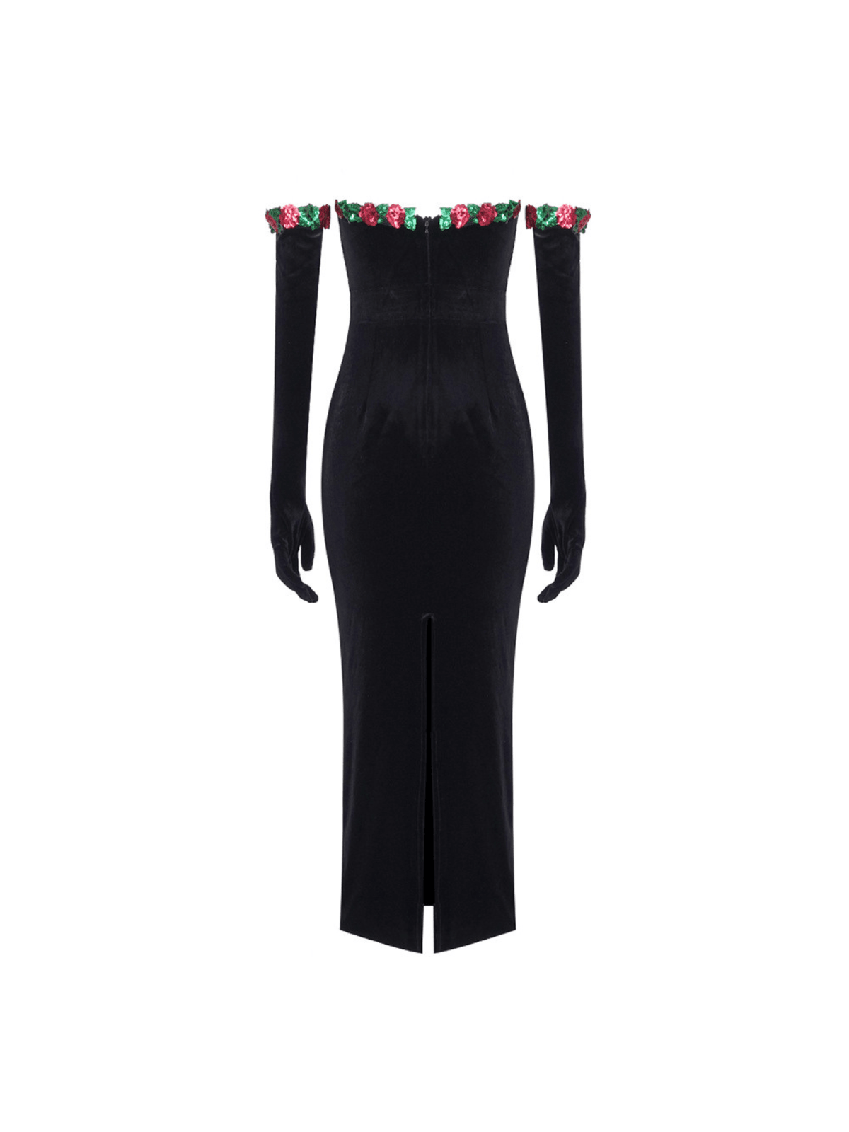 Strapless Floral Appliqué Velvet Maxi Dress With Matching Opera Gloves