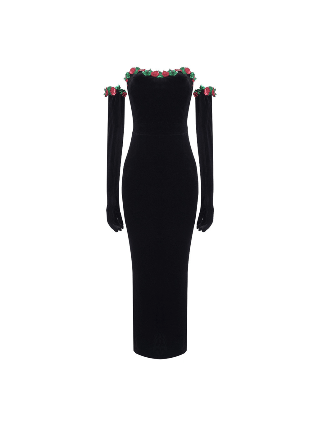 Strapless Floral Appliqué Velvet Maxi Dress With Matching Opera Gloves