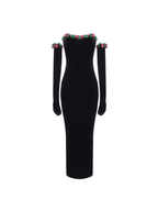 Strapless Floral Appliqué Velvet Maxi Dress With Matching Opera Gloves