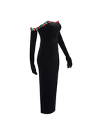 Strapless Floral Appliqué Velvet Maxi Dress With Matching Opera Gloves