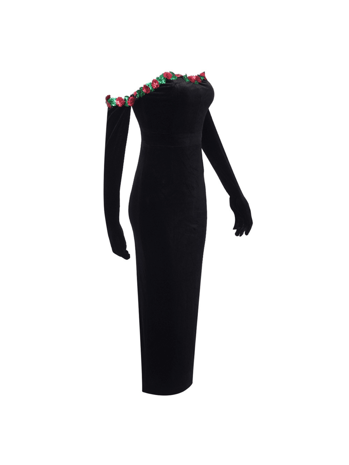 Strapless Floral Appliqué Velvet Maxi Dress With Matching Opera Gloves
