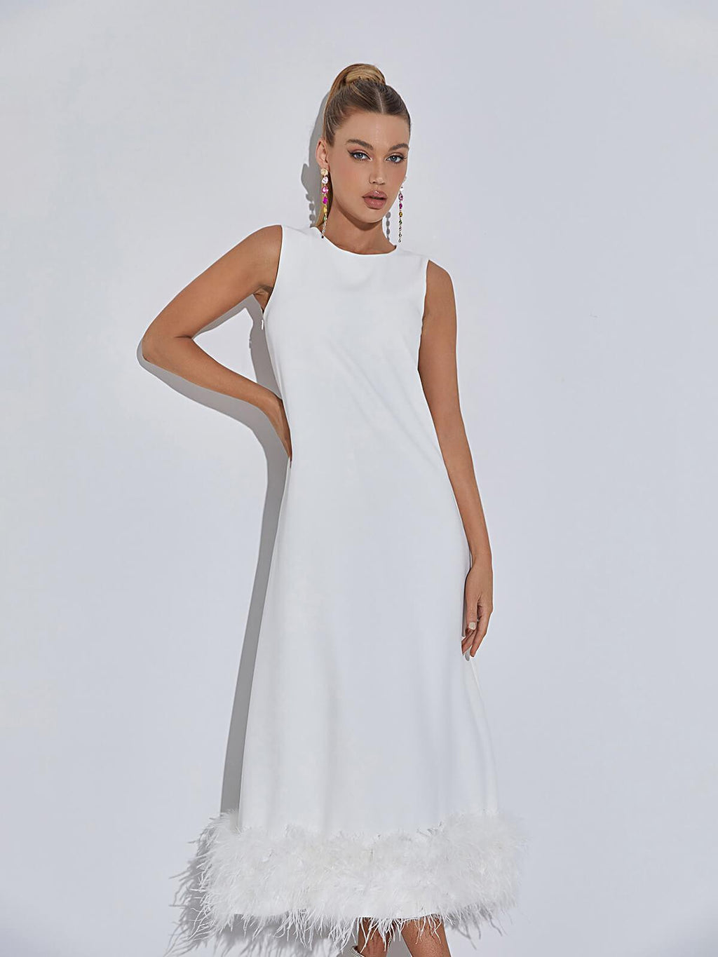 Nisha Feather Midi Dress In White