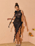 Norine Mesh Flower Midi Dress In Black