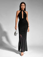 O-Neck Cut Out Mesh Sequin Mermaid Dress