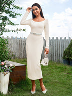 O-Neck Split Hem Back Bodycon Dress
