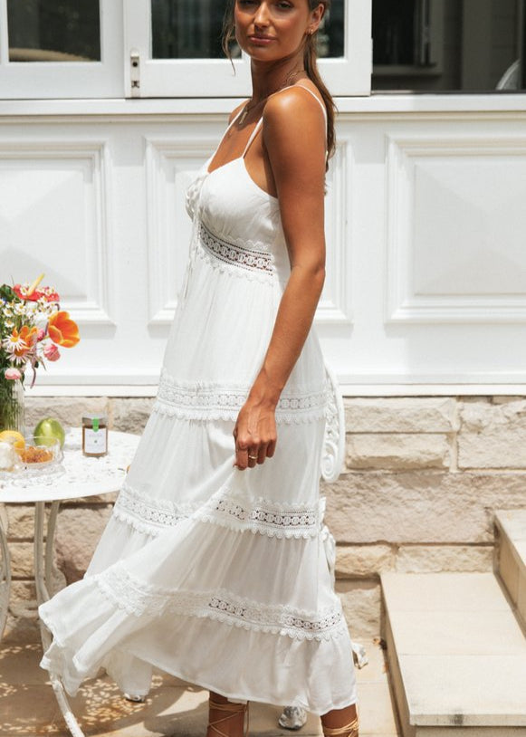 Spaghetti Strap Sweetheart Tie Front Lace Inset Tiered Trim Maxi Dress