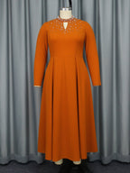 High Collar A line Dress Elegant Beaded Formal Swing Dress