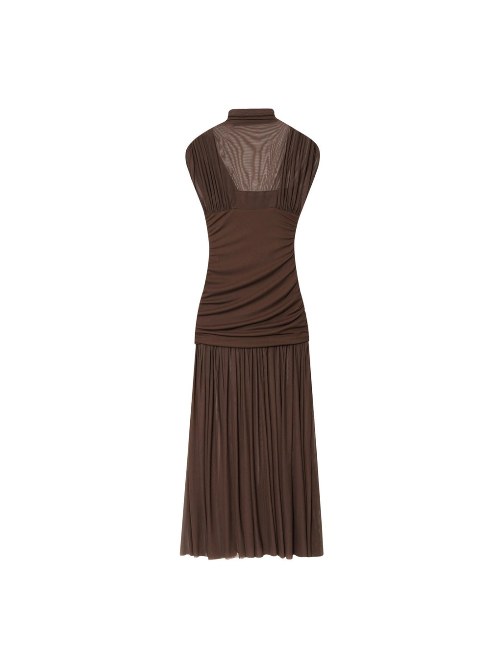Mock Neck Mesh Yoke Ruched Bodice Pleated Midi Dress