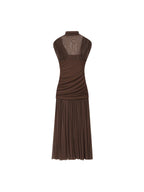 Mock Neck Mesh Yoke Ruched Bodice Pleated Midi Dress