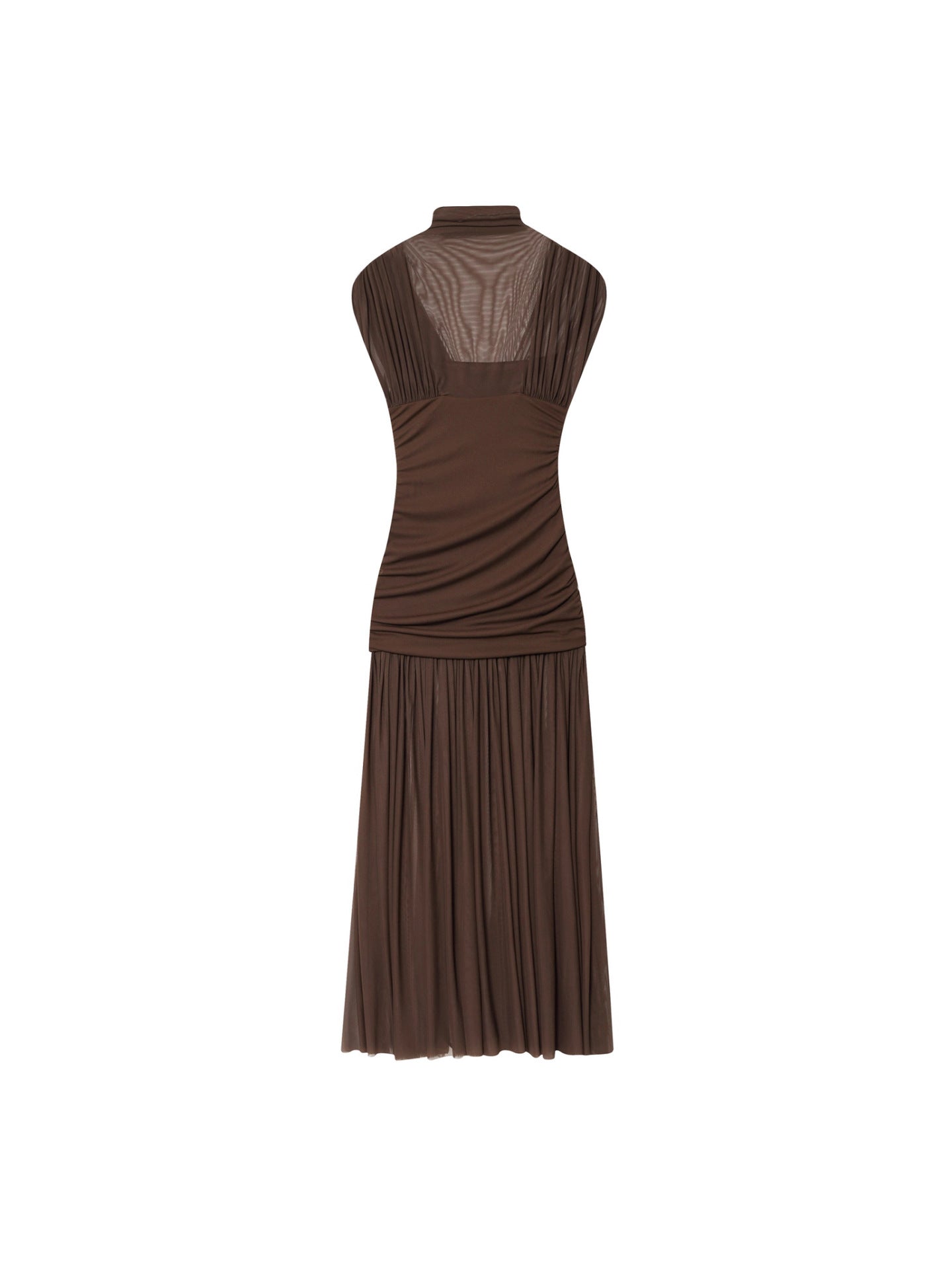Mock Neck Mesh Yoke Ruched Bodice Pleated Midi Dress