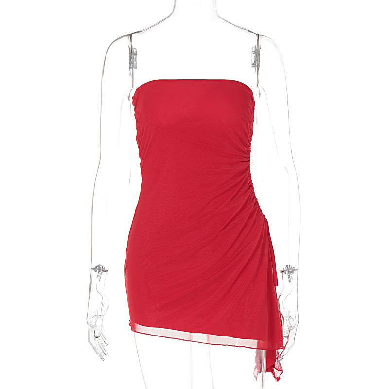 Strapless Ruched Mesh High Split Asymmetric Hem Bodycon Mini Dress