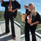 Holiday Crochet Flowers Lace Short Sleeve Shirt and Elastic Waist Wide Leg Pants Set