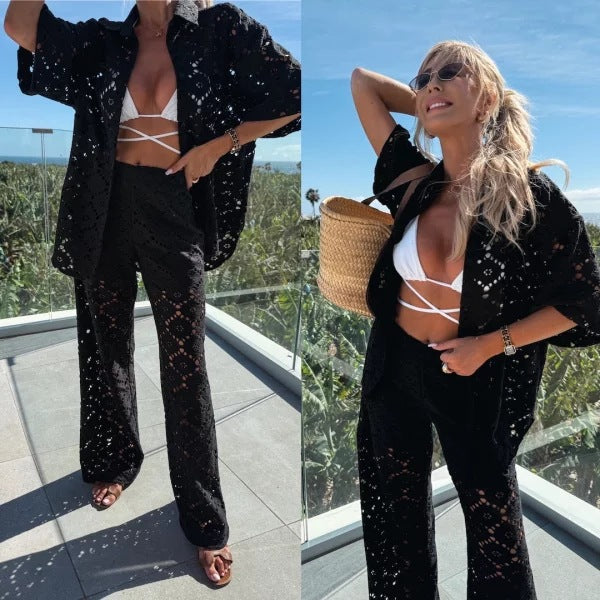 Holiday Crochet Flowers Lace Short Sleeve Shirt and Elastic Waist Wide Leg Pants Set