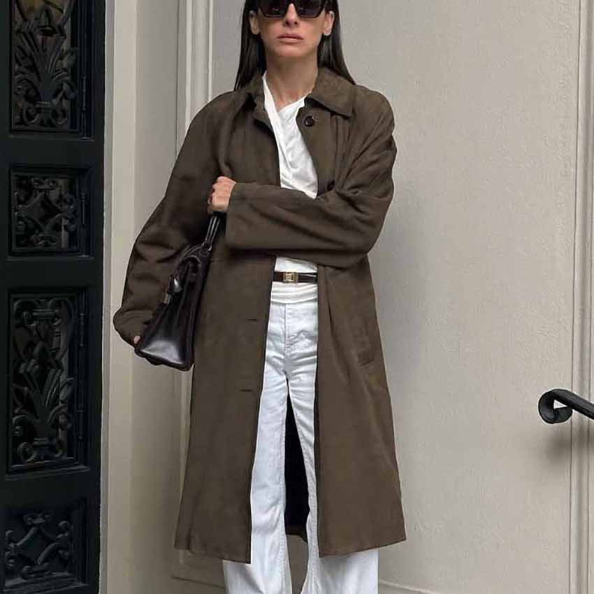 Brown Suede Long Sleeve Long Coat