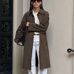 Brown Suede Long Sleeve Long Coat