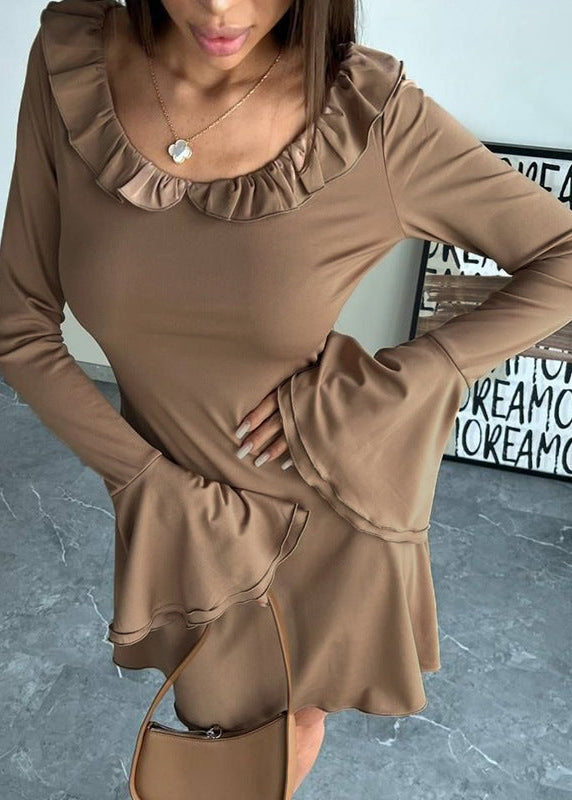 Off Shoulder Ruffle Trim Bell Sleeve Fit and Flare Mini Dress