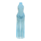 Halter Neck Ruched Hip Bodycon Mini Fringe Hem Dress
