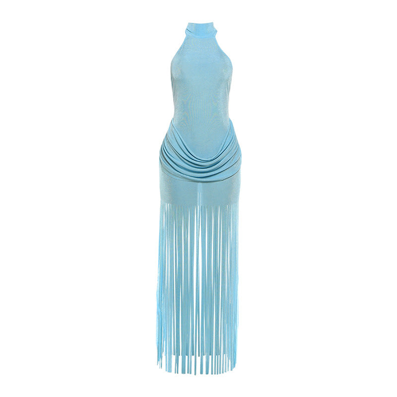 Halter Neck Ruched Hip Bodycon Mini Fringe Hem Dress