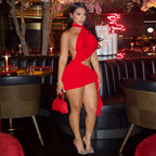 Halter Neck One Shoulder Cut Out Ruched Pleated Sash Asymmetric Mini Dress
