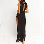 Knitted Hollow Out Beach Cover up Sexy Slit Tassel Vacation Dress Bikini Cover