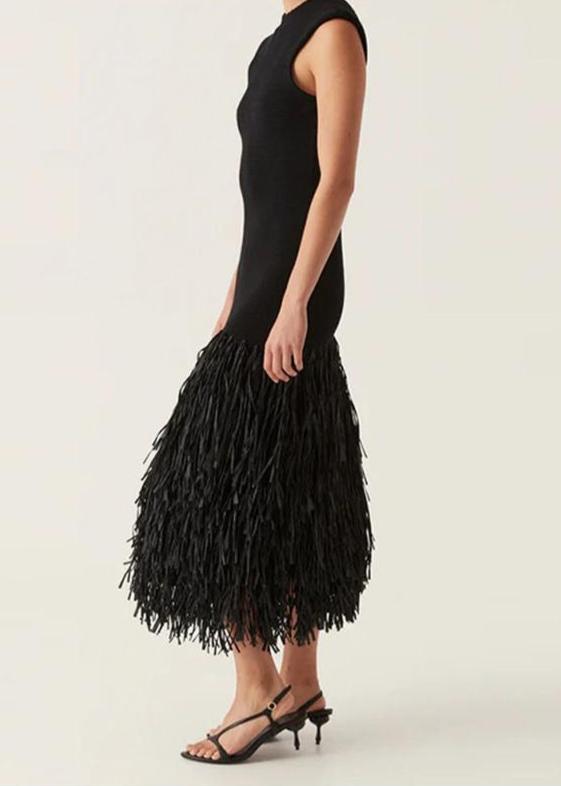 High Neck Sleeveless Fringe Hem Bodycon Midi Dress