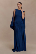 Boat Neck Cape Back Dropped Waist Ruched Gathered Maxi Gown
