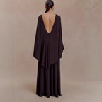 Boat Neck Cape Back Dropped Waist Ruched Gathered Maxi Gown