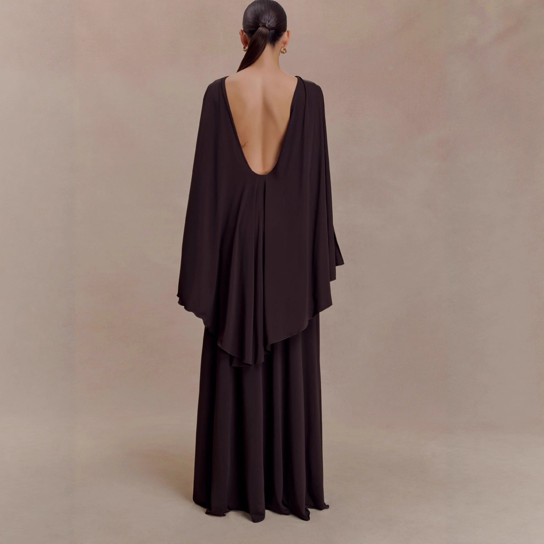 Boat Neck Cape Back Dropped Waist Ruched Gathered Maxi Gown