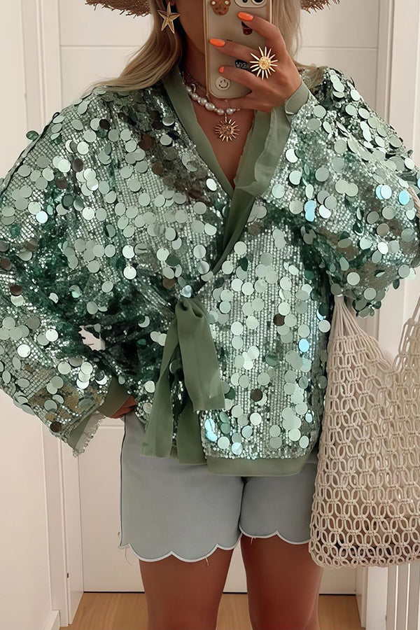 Fashion Sequined Long-sleeved V-neck Loose Lace-up Cardigan
