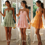 Halter Tie Neck Ruched Tiered Ruffle Mini Dress
