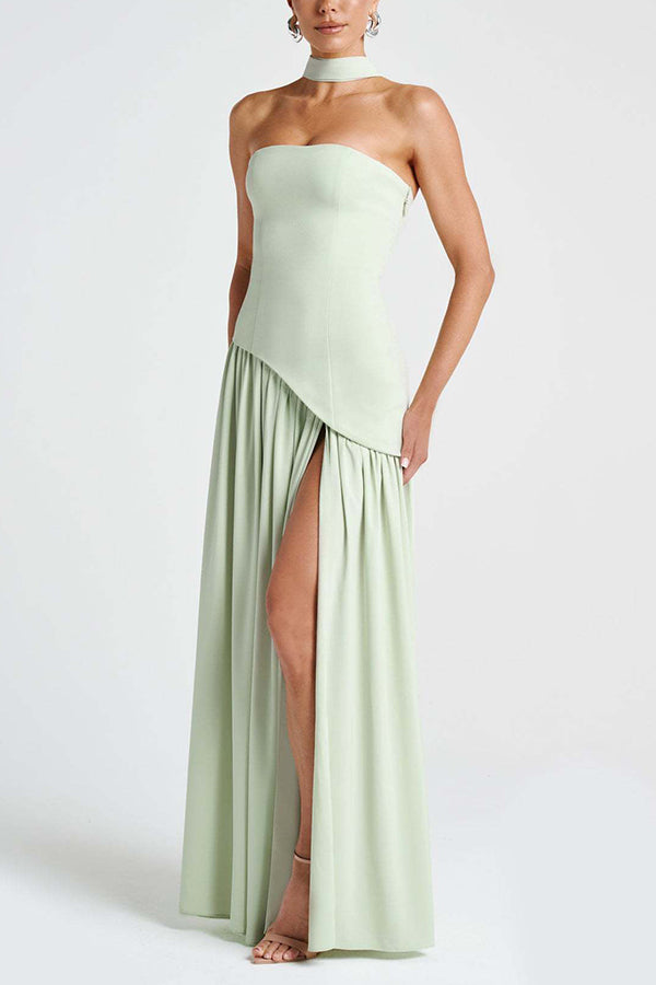 Elegant Off Shopulder Chiffon Pleated Hem Scarf Slit Maxi Dress