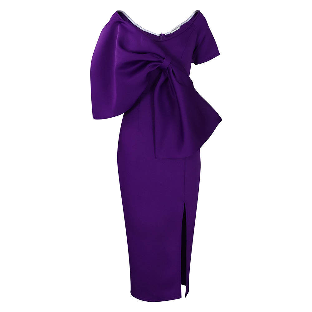 Oversized Bow Asymmetric V-Neck Short Sleeve Bodycon Midi Dress
