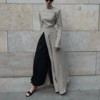Stand Collar Long Sleeve Front Slit Structured Maxi Dress