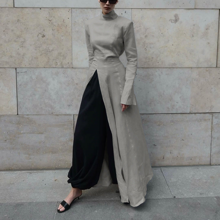 Stand Collar Long Sleeve Front Slit Structured Maxi Dress
