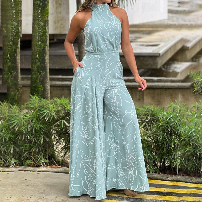 High Waist Lace up Sleeveless Halter Jumpsuit