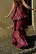 Soft and Smooth Satin Tiered Slip Square Neck A-line Maxi Dress