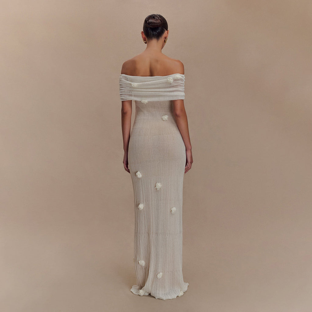 Off Shoulder Rosette Applique Ribbed Plisse Column Maxi Dress