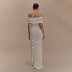 Off Shoulder Rosette Applique Ribbed Plisse Column Maxi Dress