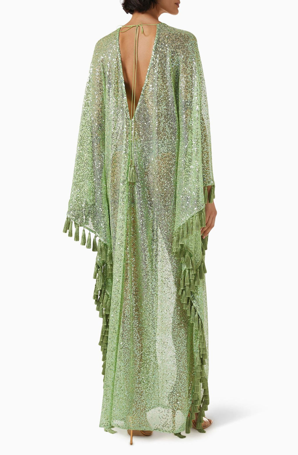 Gianna Sequin Deep V-neck Batwing Sleeve Fringed Trim Slit Gown Maxi Dress