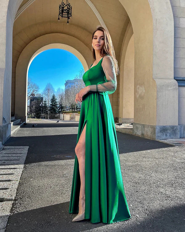 Square Neck Sheer Organza Puff Sleeve Satin Pleated Ball Gown Maxi Dress
