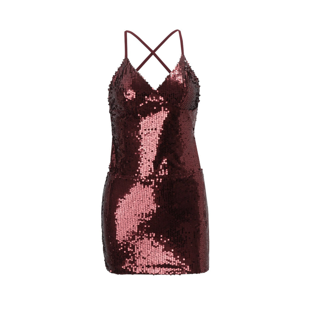 Sequin Deep V-Neck Spaghetti Strap Bodycon Mini Dress