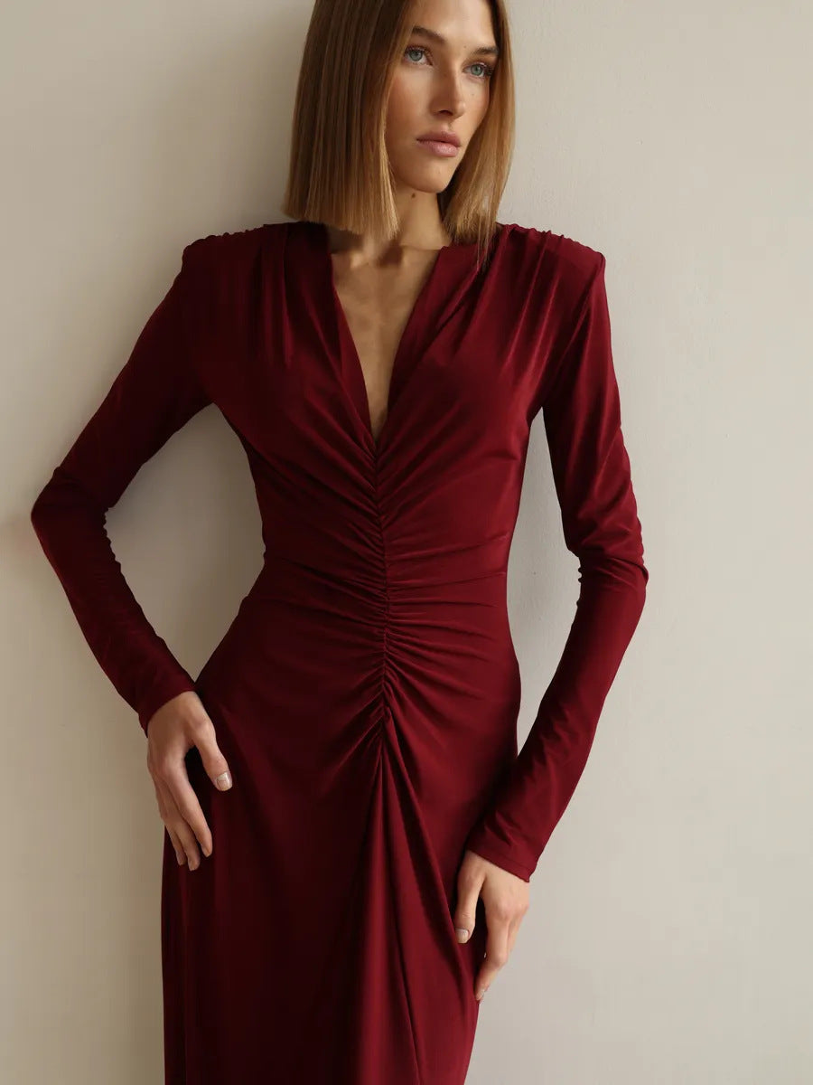Deep V-Neck Ruched Long Sleeve Floor Length Maxi Dress