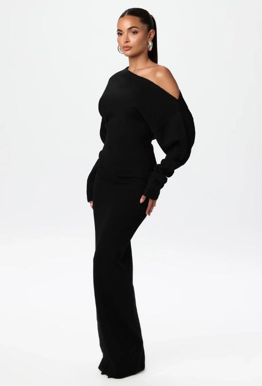 Asymmetric Off Shoulder Long Sleeve Knit Column Maxi Dress